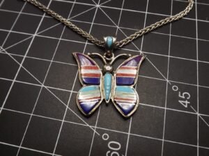 Zuni Style Sterling Silver Turquoise Butterfly Pendant with 18″ Chain – Southwestern, 19.4 g
