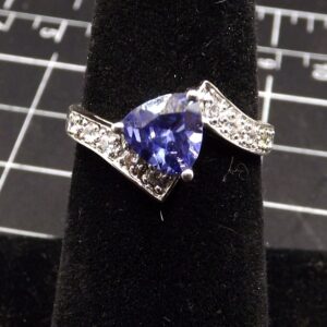 Sterling Silver 925 Bypass Ring Size 7 – Simulated Tanzanite Trillion with CZ Chevron Band