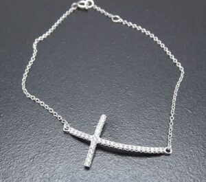 Sterling Silver .925 Cross Bracelet Set with CZ Stones – 7 1/2″ Long Religious Bracelet