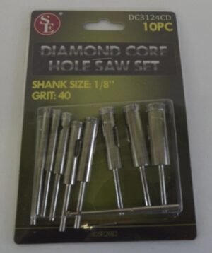 Diamond Core Hole Saw Set 10-Piece Grit 40 with 1/8″ Shank – Tile, Glass, Marble and Gemstone Drill Bits