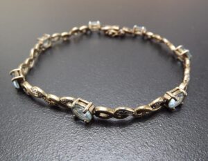 Vintage Sterling Silver Blue Topaz Tennis Bracelet – Solid .925 Line Bracelet 8″, 10.1 Grams, Clasp Needs Repair