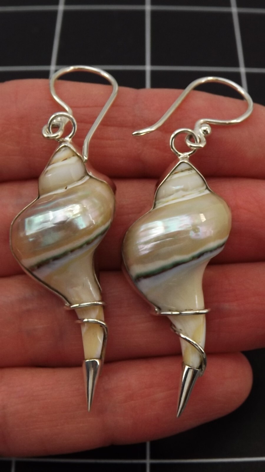 57 1191.jpg Sterling Silver 925 Natural Seashell Dangle Earrings – Iridescent Shell Drops, 2 1/2″, 8.0 g