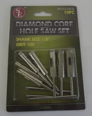 Diamond Core Hole Saw Set 10-Piece Grit 100 with 1/8″ Shank – Fine Grit Bits for Glass, Tile and Gemstone