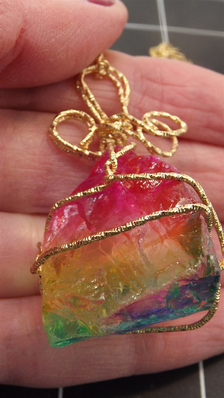 57 1220.jpg Tootie Ott Designs Rainbow Stone Wire Wrap Pendant – Handmade Multicolor Boho Necklace, 20″ Chain II