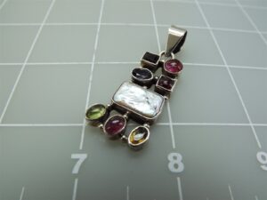 Sterling Silver 925 Genuine Pearl, Quartz, Peridot, Garnet & Iolite Pendant – 2″ Estate, 8.5 g