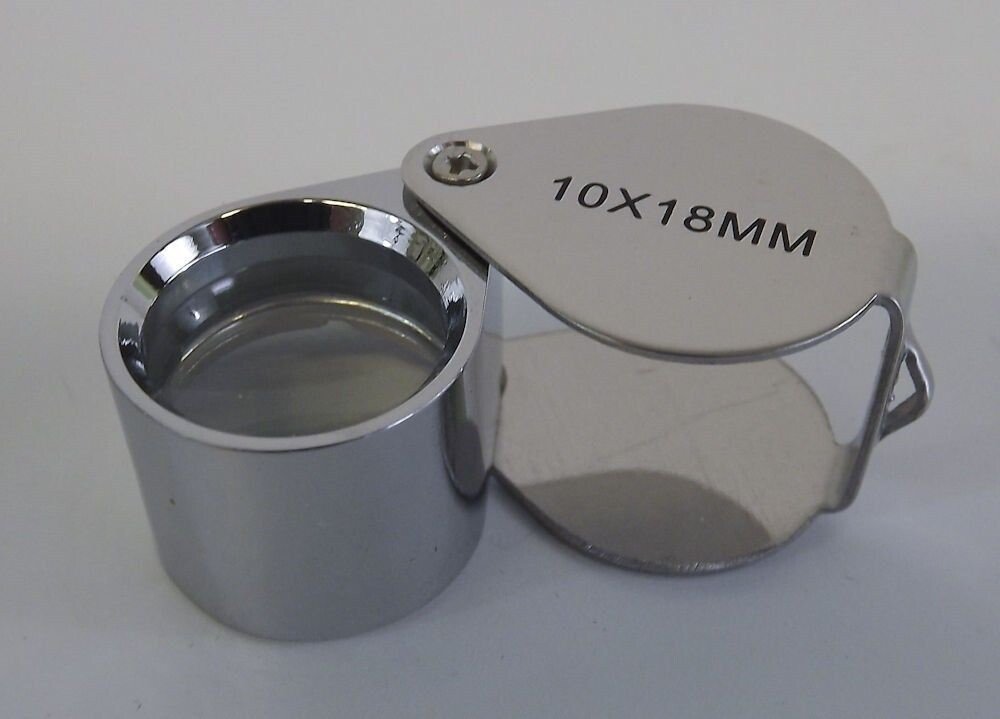 57 1283.jpg 10X Doublet Jewelers Loupe 18mm Chrome Plated Metal Body – Pocket Gem Magnifier with Plastic Case