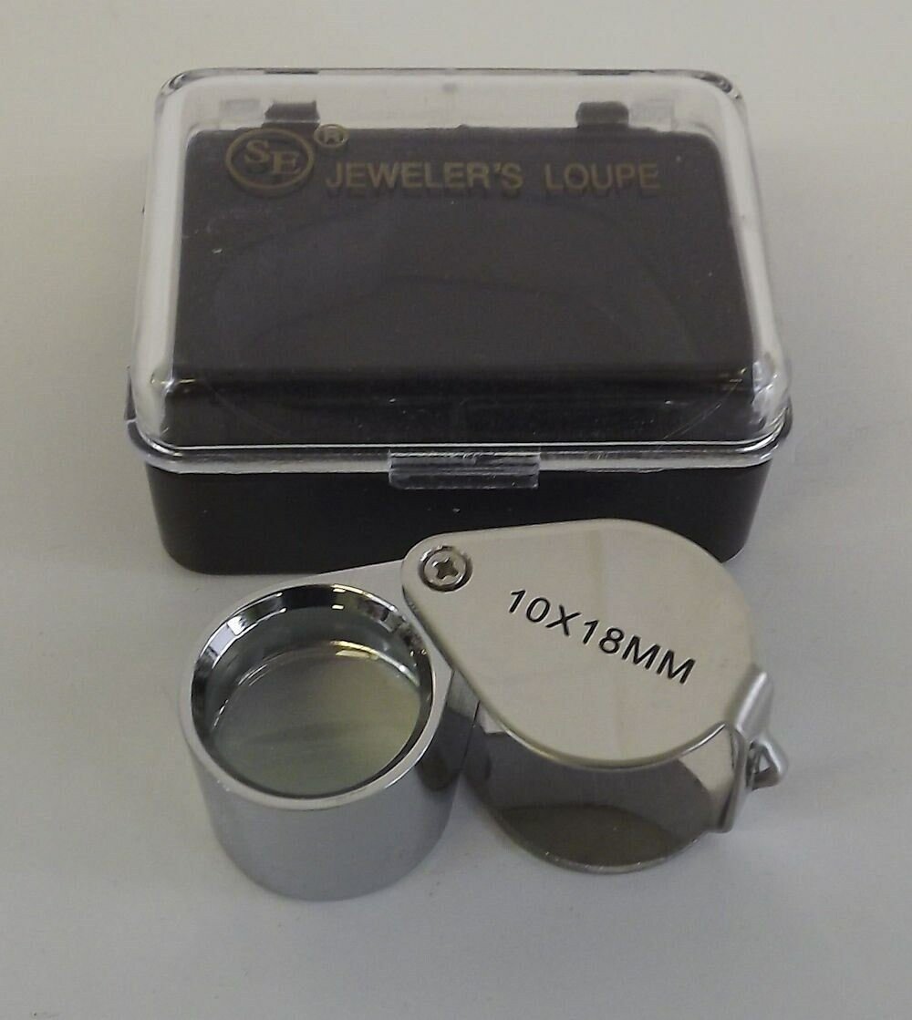 57 1285.jpg 10X Doublet Jewelers Loupe 18mm Chrome Plated Metal Body – Pocket Gem Magnifier with Plastic Case