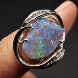 Large Black Opal & Diamond Cocktail Ring – 14K White Gold, Size 6 1/4, .33 ctw Diamonds