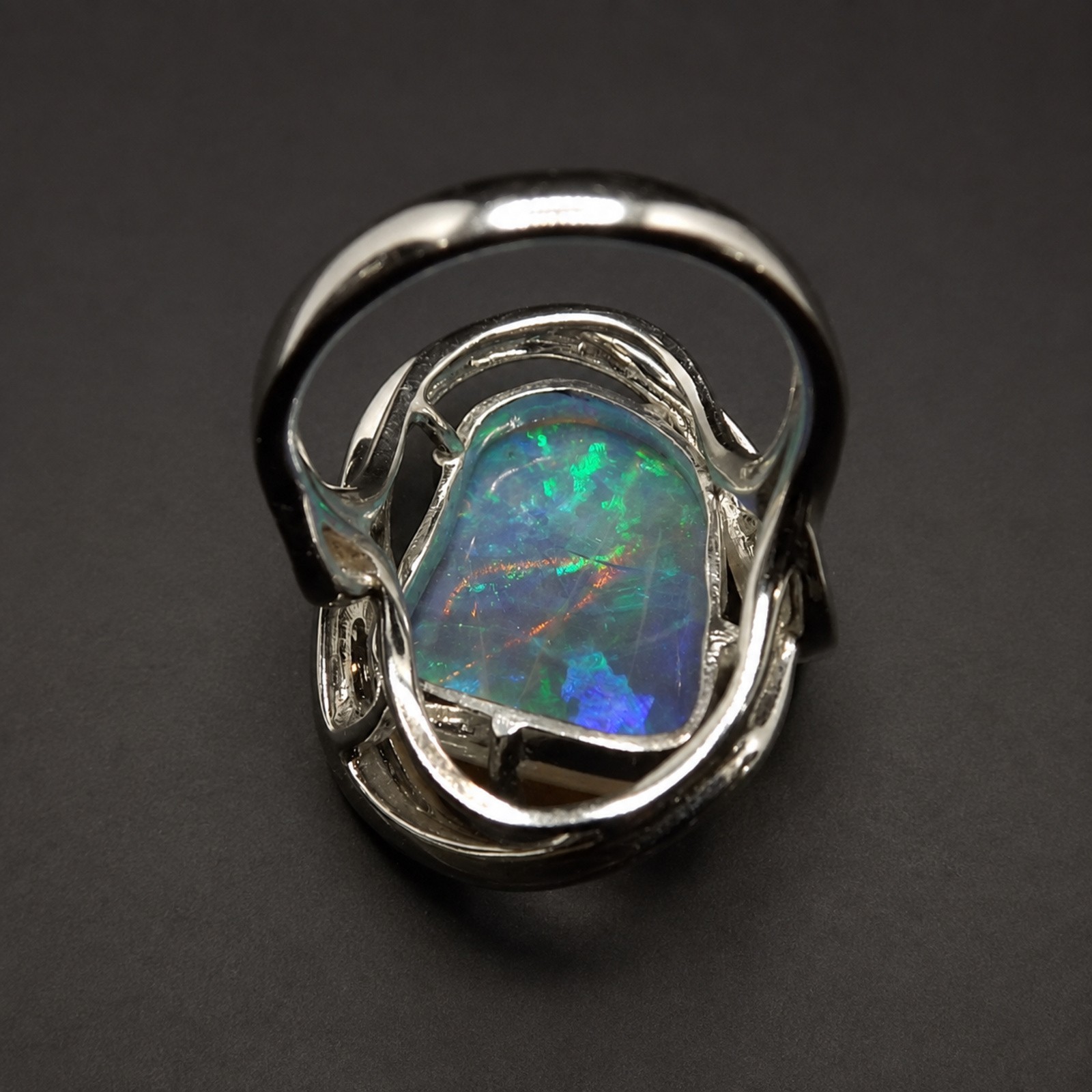 57 1357.jpg Large Black Opal & Diamond Cocktail Ring – 14K White Gold, Size 6 1/4, .33 ctw Diamonds