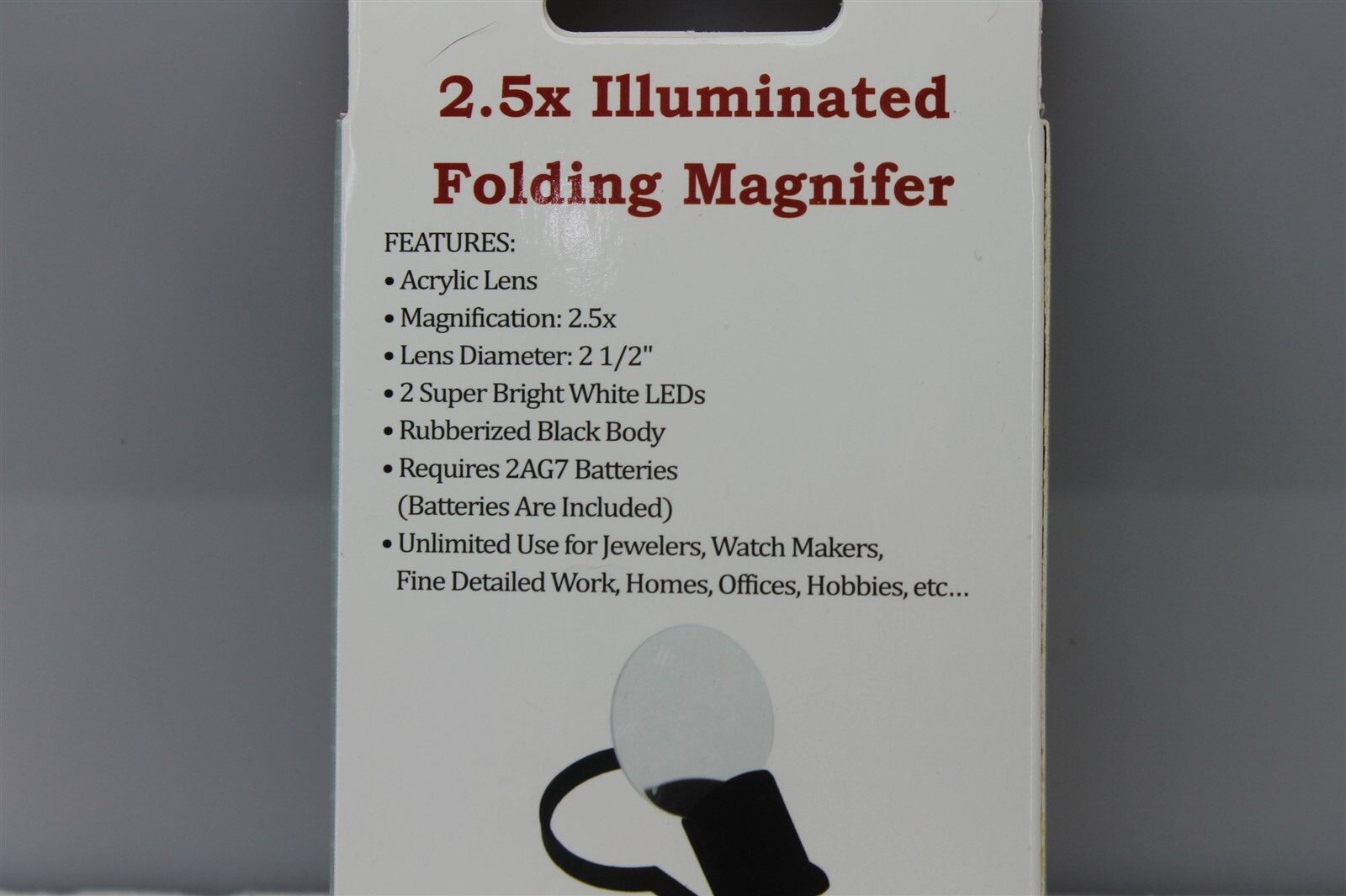 57 1359.jpg 2.5X Illuminated Folding Stand Magnifier 2-1/2″ Acrylic Lens – Black Two-LED Hobby and Reading Magnifier