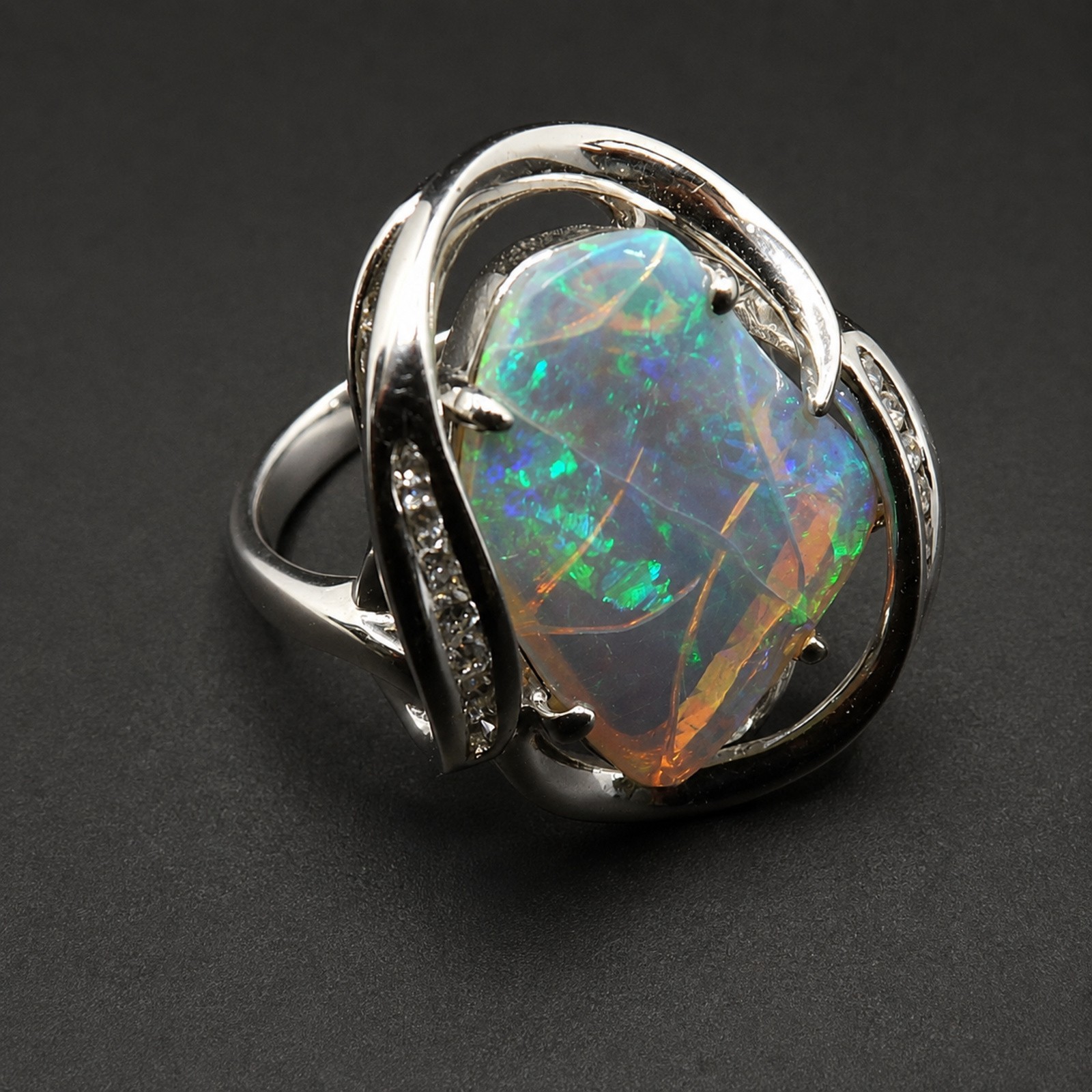 57 1366.jpg Large Black Opal & Diamond Cocktail Ring – 14K White Gold, Size 6 1/4, .33 ctw Diamonds