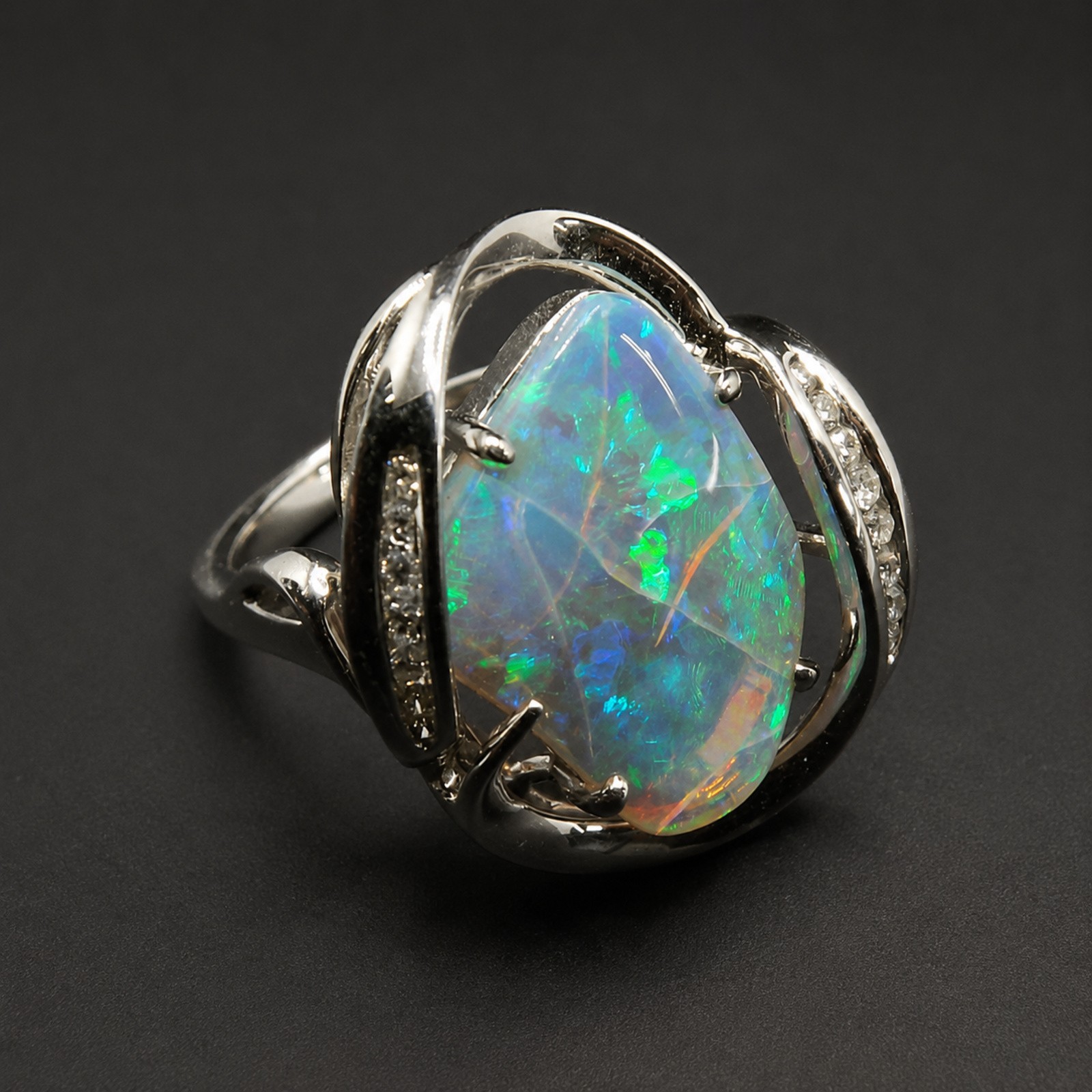 57 1372.jpg Large Black Opal & Diamond Cocktail Ring – 14K White Gold, Size 6 1/4, .33 ctw Diamonds