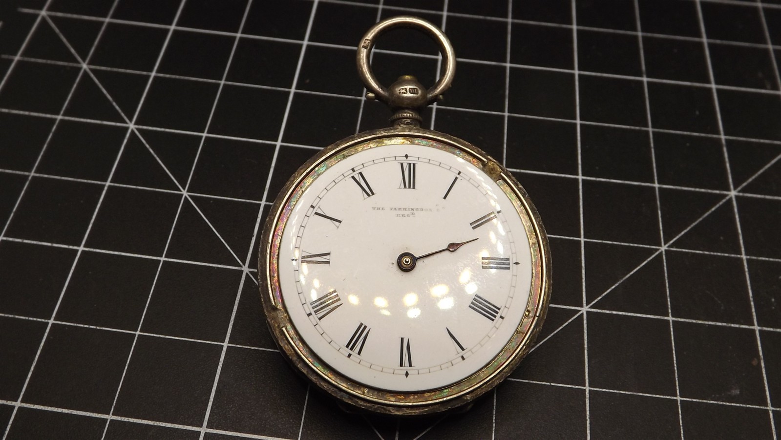 57 1502.jpg Antique The Farringdon Sterling Silver Key Wind Pocket Watch – London Hallmarked, Parts or Repair
