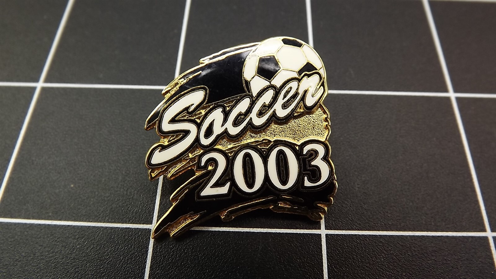 57 165.jpg Soccer 2003 Lapel Pin – Gold Tone Black Enamel Soccer Ball Hat Pin for Team, Coach & Player Gifts