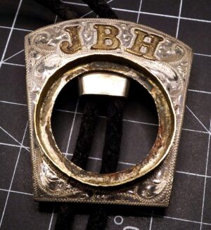 Sterling Silver & 14K Gold Bolo Tie – JBH Monogram, Hand Engraved, Empty $20 Coin Bezel