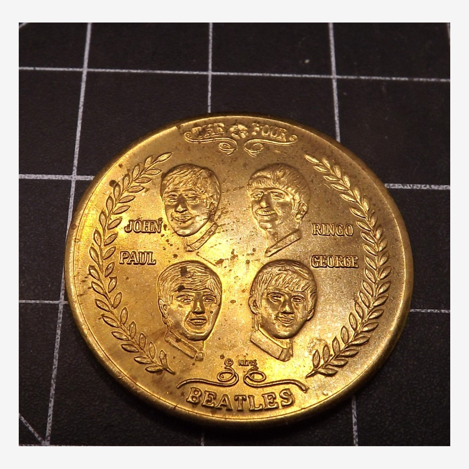 57 178.jpg 1964 Beatles U.S. Visit NEMS Brass Commemorative Medal – Vintage 31mm Souvenir Token, Four Beatles Portraits
