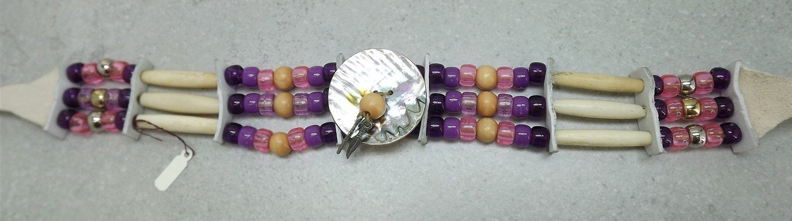 57 1845.jpg Choker Necklace with Wood, Bone Tube, Abalone and Beads on Deer Hide – Bone and Shell Bead Hide Choker