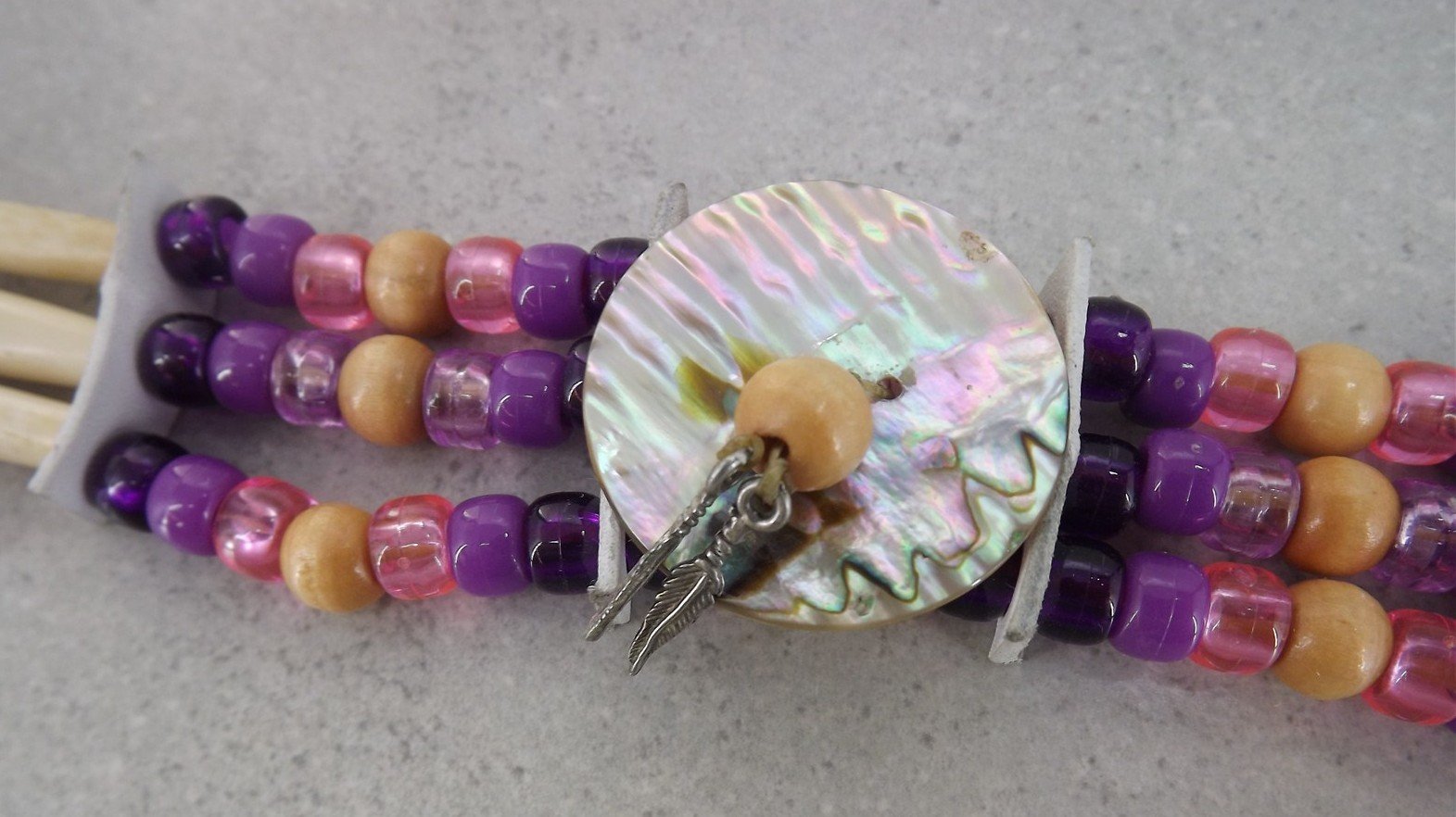 57 1850.jpg Choker Necklace with Wood, Bone Tube, Abalone and Beads on Deer Hide – Bone and Shell Bead Hide Choker