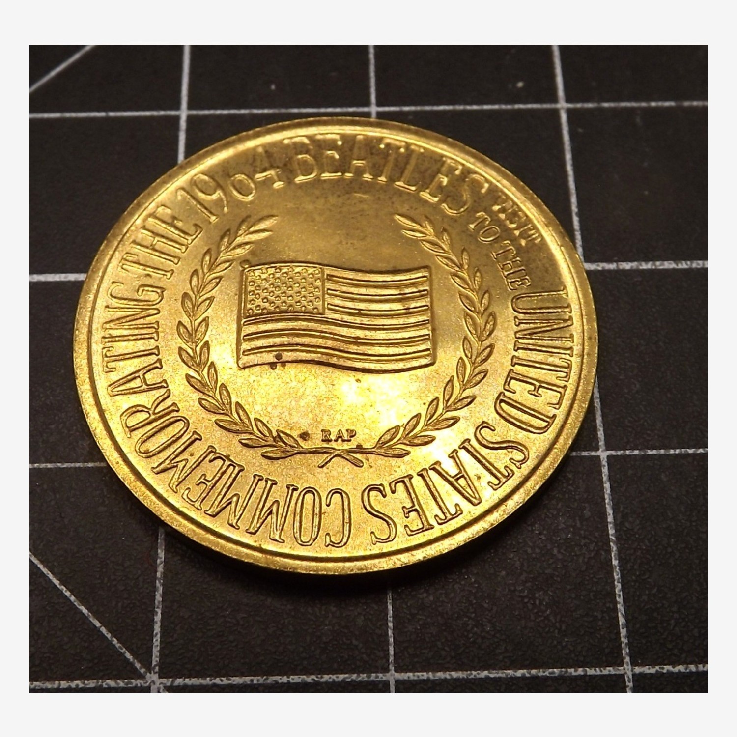 57 189.jpg 1964 Beatles U.S. Visit NEMS Brass Commemorative Medal – Vintage 31mm Souvenir Token, Four Beatles Portraits