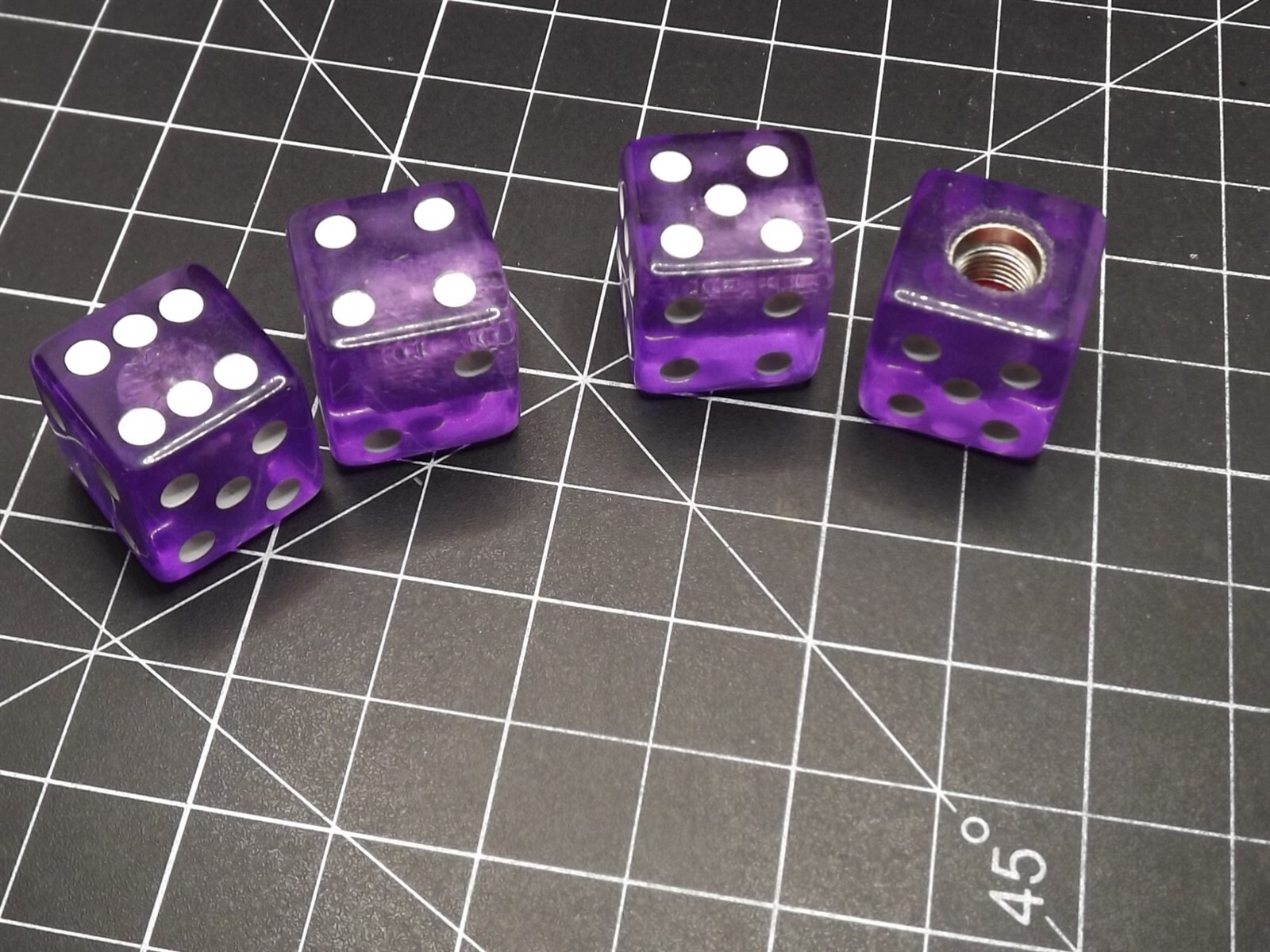 57 1989.jpg Large 19mm Purple and Clear Dice Valve Caps 4-Piece Set – Rat Rod, Car, Truck and SUV Tire Stem Caps