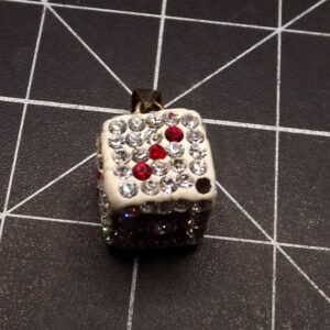Sterling Silver Pave Crystal Dice Charm Pendant – Red Pip Five Pattern, Casino Gambler, 1.7 g
