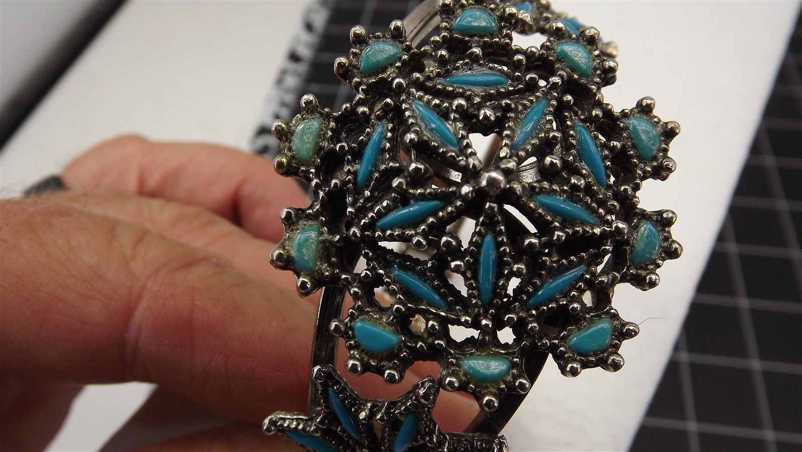 57 236.jpg Silver Tone Turquoise Color Filigree Hinged Cuff Bracelet – Spring Hinge Floral Mandala Boho Costume Jewelry