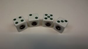 White and Green Dice Valve Stem Caps 4-Piece Set – Rat Rod, Car, Truck, SUV and BMX Tire Stem Caps