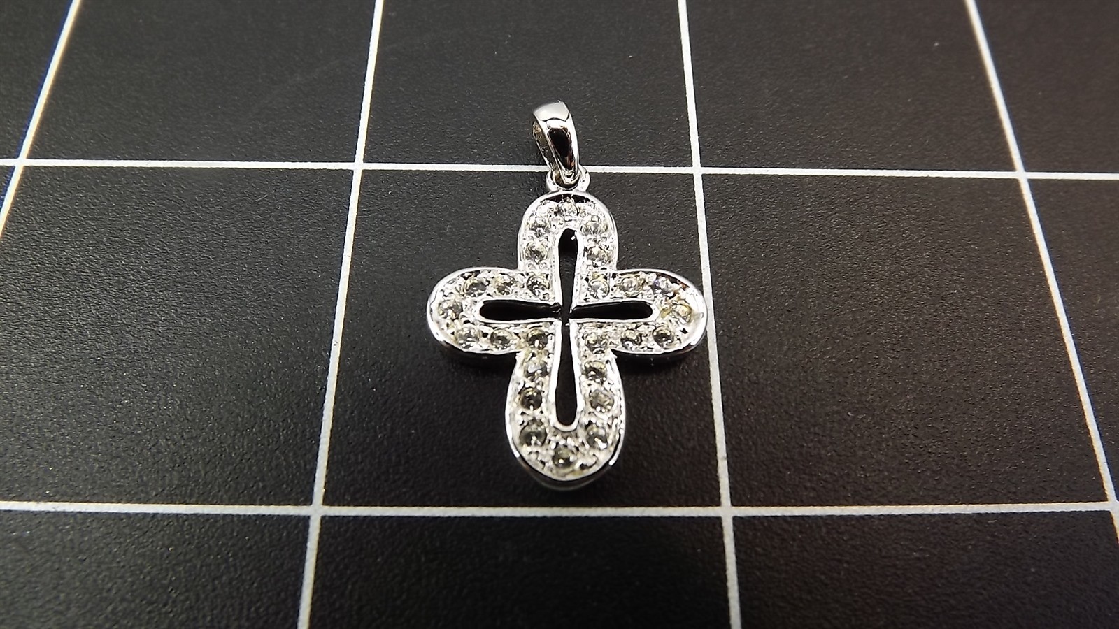 57 2576.jpg Sterling Silver 925 Open Cross Pendant with Clear Round Stones – Small Religious Cross Charm 1″, 2.6 Grams