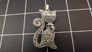 Sterling Silver 925 Marcasite Black Cat Brooch Pendant – Sparkly Cat Pin or Necklace Pendant 2″, 12.1 Grams