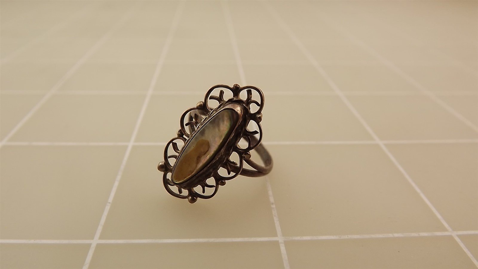 57 2745.jpg Sterling Silver 925 Abalone Shell Filigree Style Ring – Size 4.5, Small Pinky Ring, 2.1 Grams