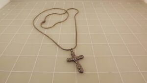 Sterling Silver 925 Marcasite Cross Pendant on Cobra Chain – 23″ Christian Necklace, 14.5 Grams