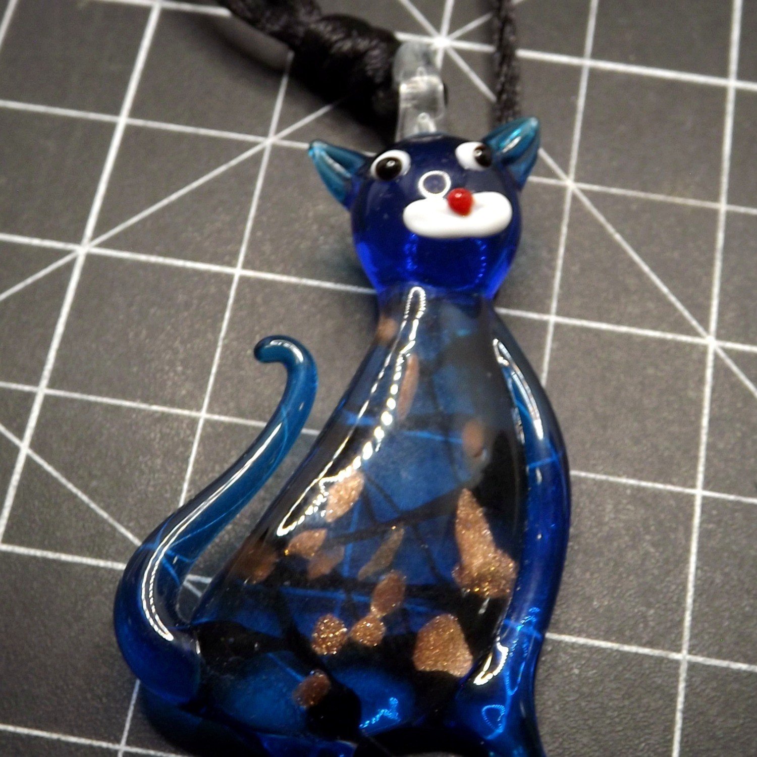 57 2783.jpg Blue Lampwork Art Glass Cat Pendant Necklace – Goldstone Accents, Murano Style, Adjustable Cord