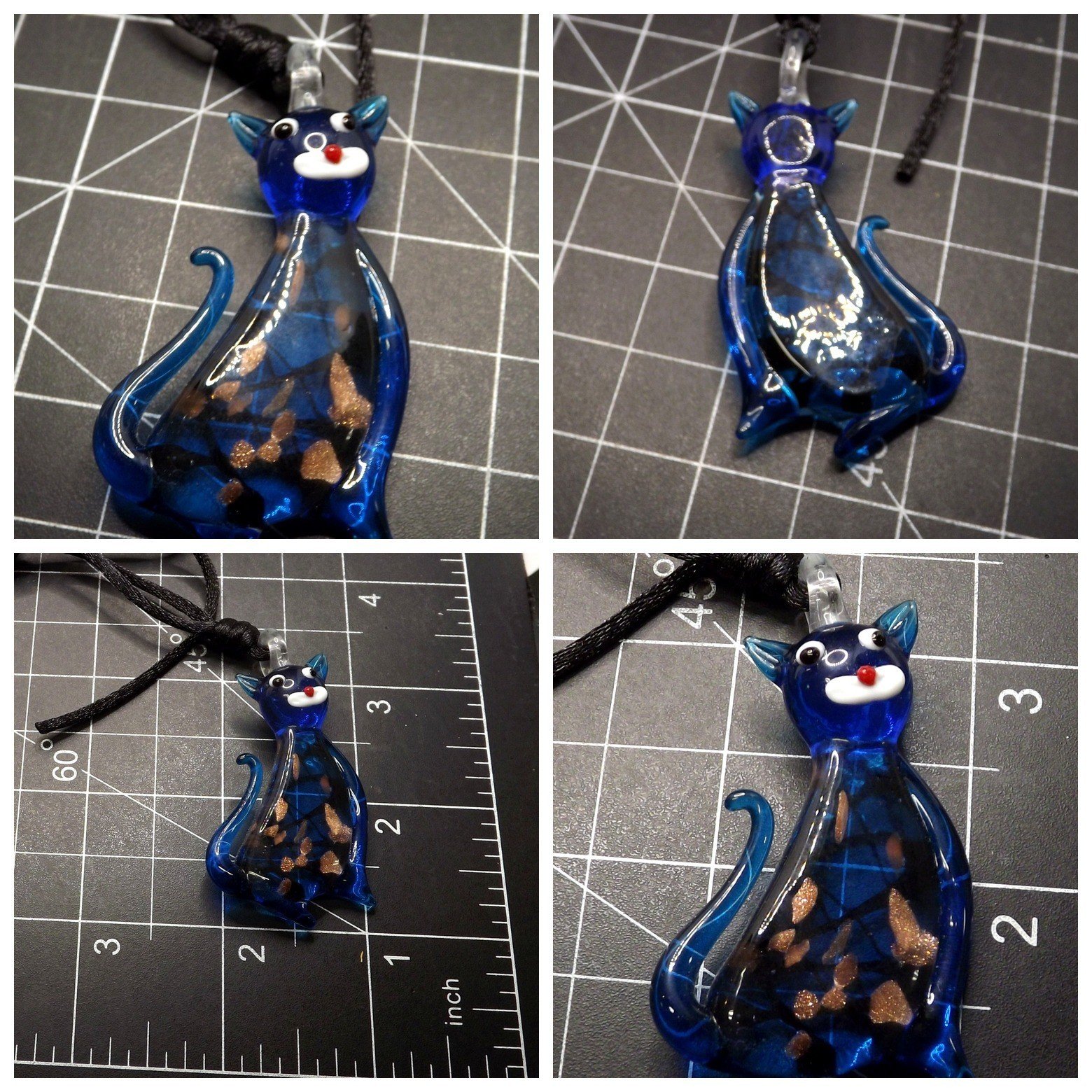 57 2789.jpg Blue Lampwork Art Glass Cat Pendant Necklace – Goldstone Accents, Murano Style, Adjustable Cord