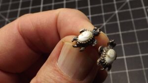 Sterling Silver Turtle Earrings with White Quartz Stone – Pierced Post Stud Earrings, Solid Silver, 1.7 Grams