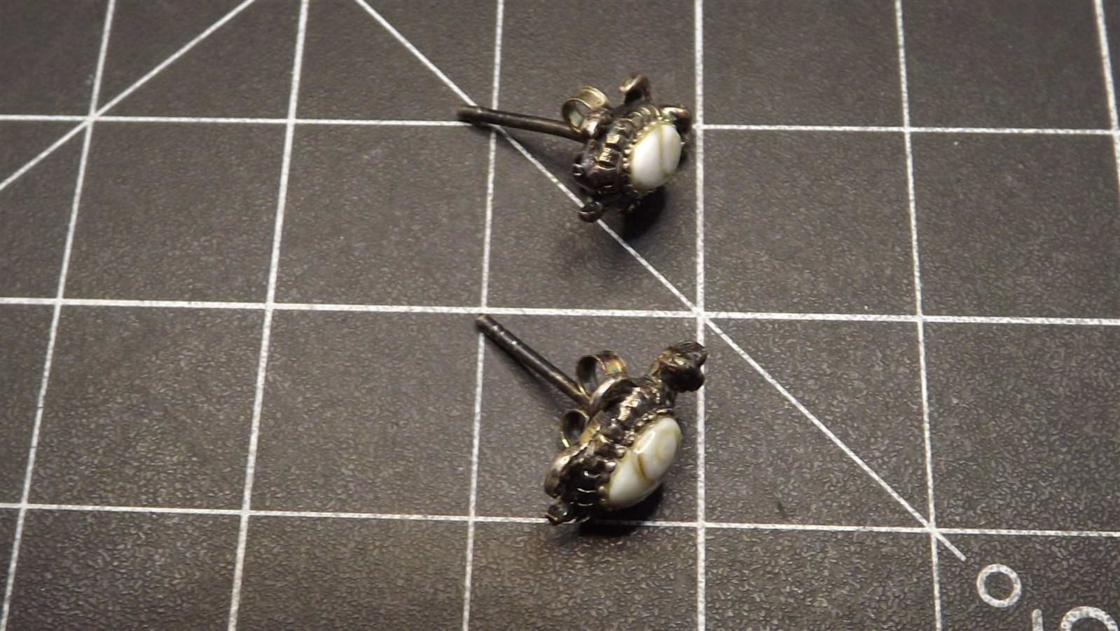 57 2888.jpg Sterling Silver Turtle Earrings with White Quartz Stone – Pierced Post Stud Earrings, Solid Silver, 1.7 Grams