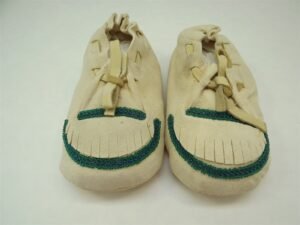 Vintage Hand Beaded Suede Children’s Moccasins – Blue & Green Seed Beads, 6″ Native American Style