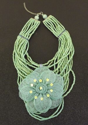 Large Turquoise Bead Necklace with Handmade Nylon Flower Pendant – 17.5″ to 20.5″ Adjustable, 79.1 Grams