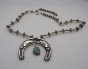 Vintage 1970s Sterling Silver Squash Blossom Necklace – Native American Style Turquoise, 28″, 83.7 Grams
