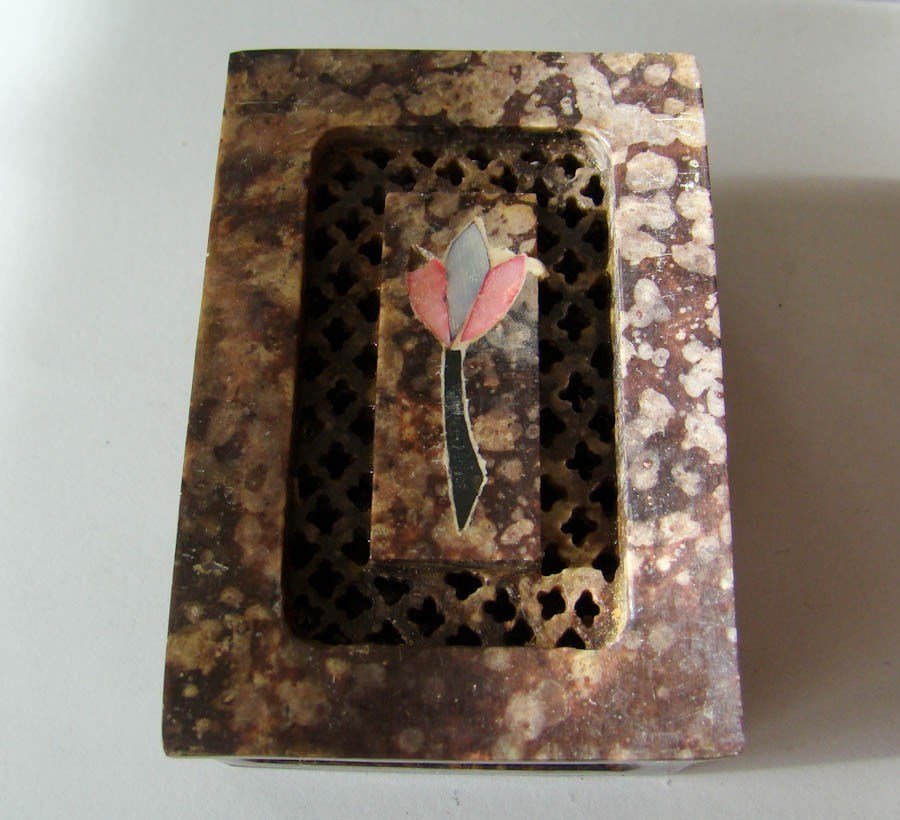 57 3208.jpg Carved Natural Stone Jewelry Box with Mother of Pearl Inlay – Handmade Trinket Box 3″ x 2″, Small Chip