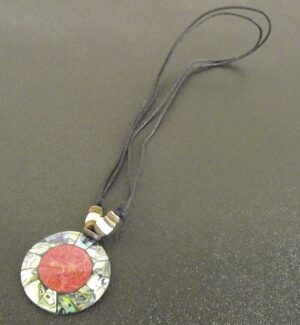 Handmade Round Shell Pendant Necklace on Suede Cord – Abalone & Coral Beach Boho Jewelry Gift