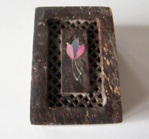 Carved Natural Stone Jewelry Box with Mother of Pearl Inlay – Hand Worked Lidded Vanity Trinket Box 3″
