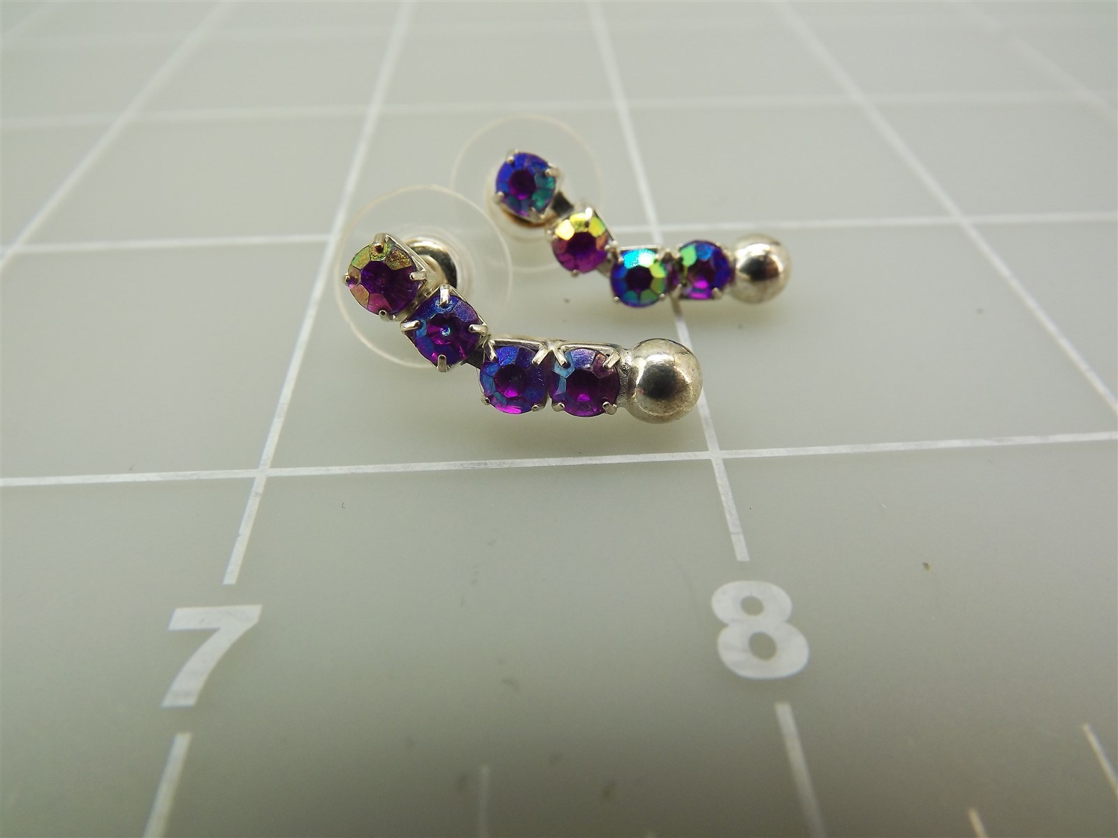 57 3230.jpg Silver Tone Sparkly Purple Rhinestone Dangle Earrings – 7/8″ Drop Costume Earrings, Lightweight 2.5 Grams