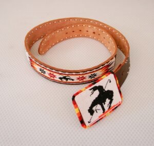 Vintage Paiute Loom Beaded Leather Belt with Thunderbird Buckle – End of the Trail Marked, Mack Estate Nevada
