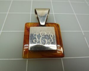 Engraved Initial Pendant with Wood Grain Resin Surround – Unmarked Silver-Color Monogram Pendant, 11.7 Grams