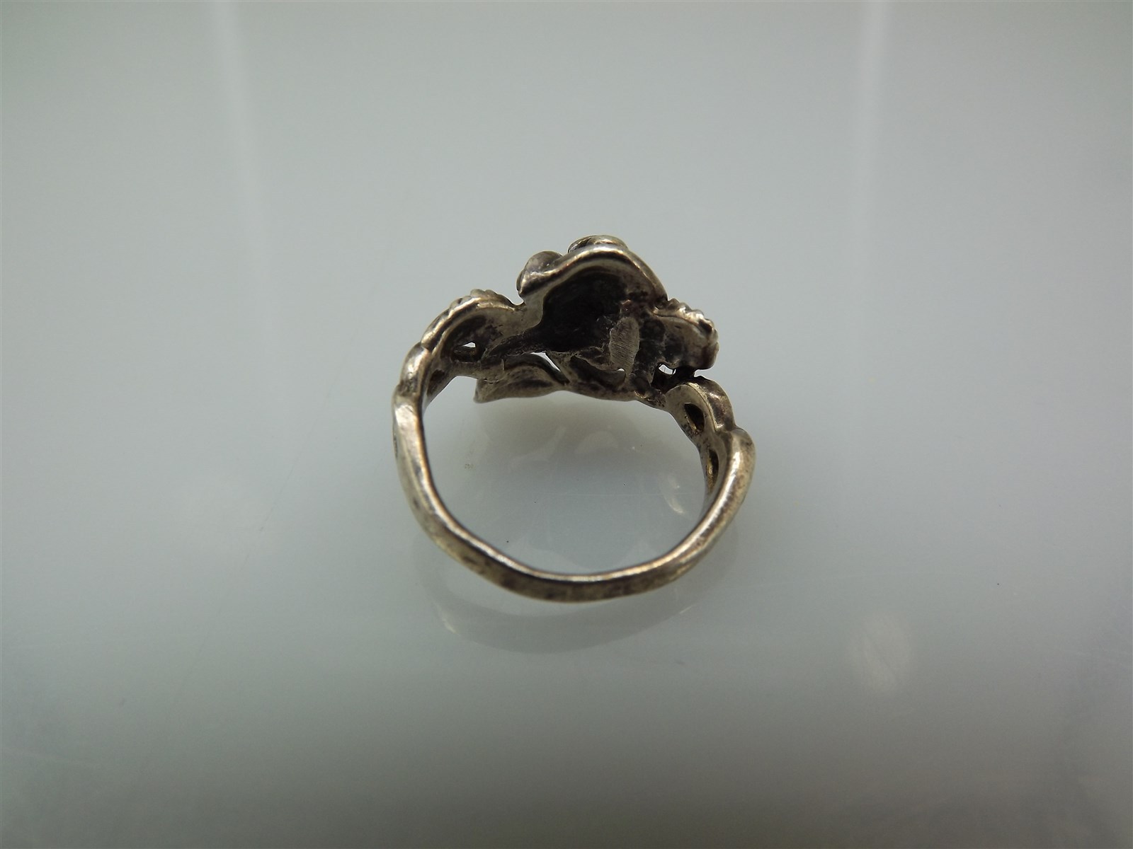 57 3264.jpg Rose Flower Design Ring Size 6-1/2 – Unmarked Silver-Color Floral Ring, 5.3 Grams, Estate Jewelry