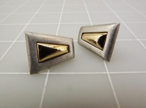 Two Tone Pewter Modern Clip On Earrings – Mixed Metal Look Non Pierced Fashion Earrings 7/8″