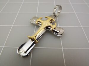Stainless Steel Two Tone Cross Pendant – Men’s Large Religious Christian Cross Charm 2-3/4″, 18.3 Grams