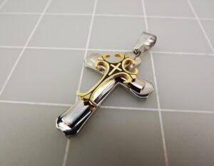 Stainless Steel Two Tone Cross Pendant with Enamel 1-7/8″ – Religious Christian Cross Charm, 8.4 Grams
