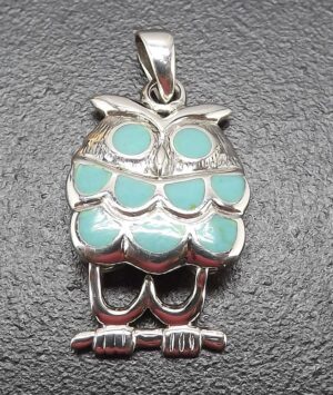 Sterling Silver .925 Owl Pendant with Turquoise Inlay – Owl Charm Necklace Pendant, 3.6 Grams, New