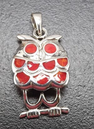 Sterling Silver .925 Owl Pendant with Coral Resin Inlay – Owl Charm Necklace Pendant, 3.6 Grams, New